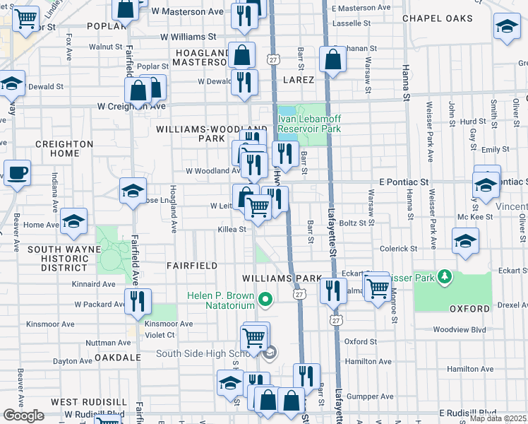 map of restaurants, bars, coffee shops, grocery stores, and more near 118 East Leith Street in Fort Wayne
