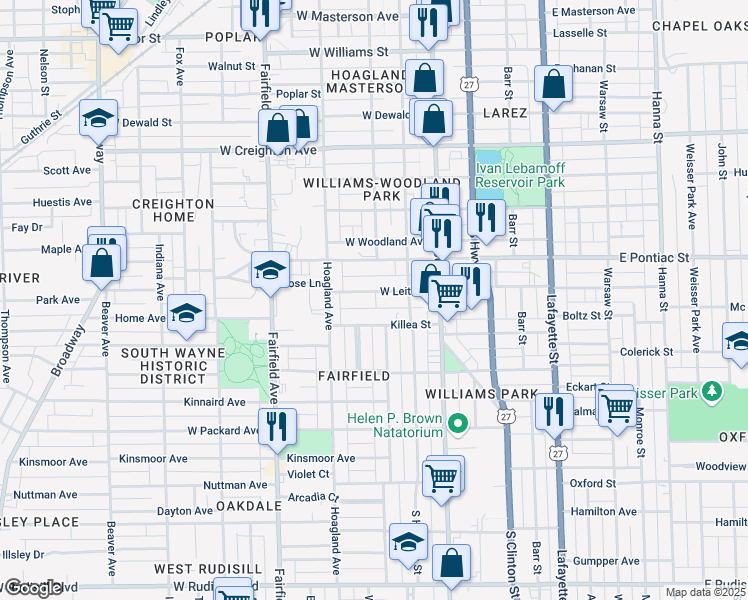 map of restaurants, bars, coffee shops, grocery stores, and more near 221 West Leith Street in Fort Wayne