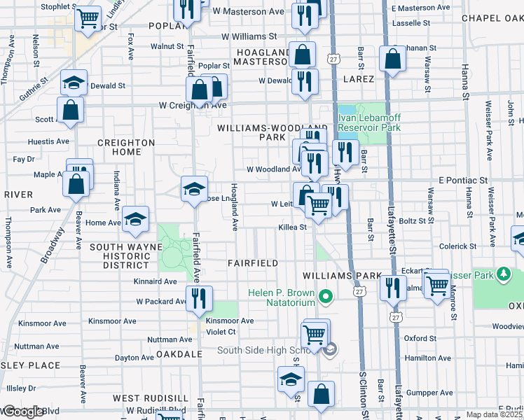 map of restaurants, bars, coffee shops, grocery stores, and more near 325 West Leith Street in Fort Wayne