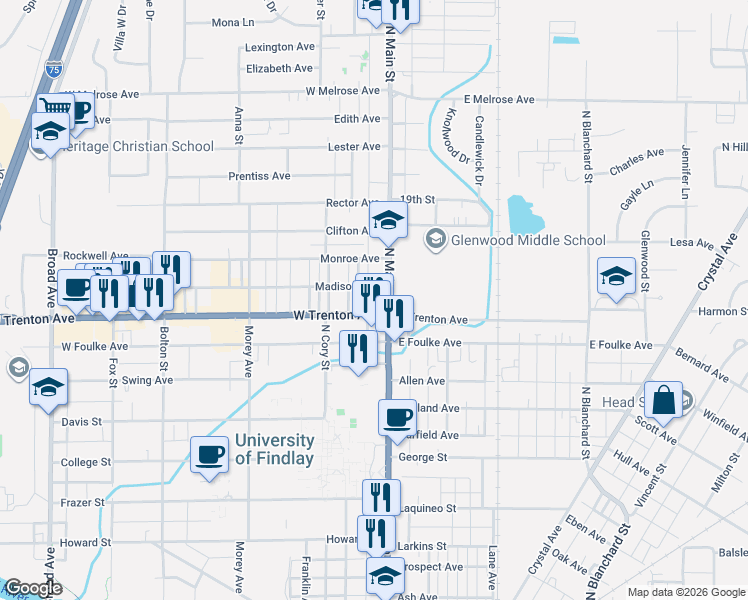 map of restaurants, bars, coffee shops, grocery stores, and more near 1500 North Main Street in Findlay
