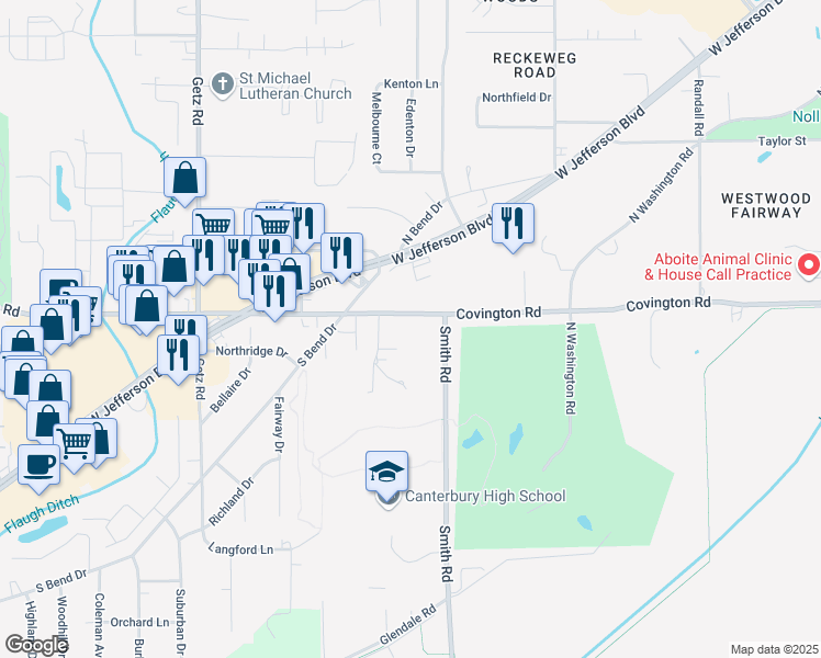 map of restaurants, bars, coffee shops, grocery stores, and more near 5437 Covington Road in Fort Wayne