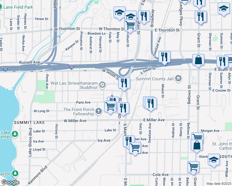 map of restaurants, bars, coffee shops, grocery stores, and more near 22 West Crosier Street in Akron