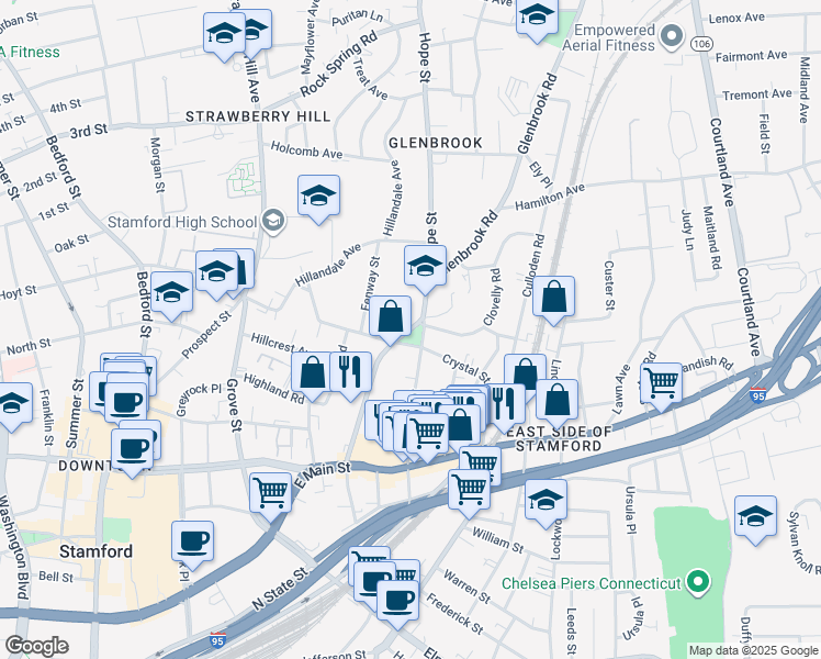 map of restaurants, bars, coffee shops, grocery stores, and more near 132 Glenbrook Road in Stamford