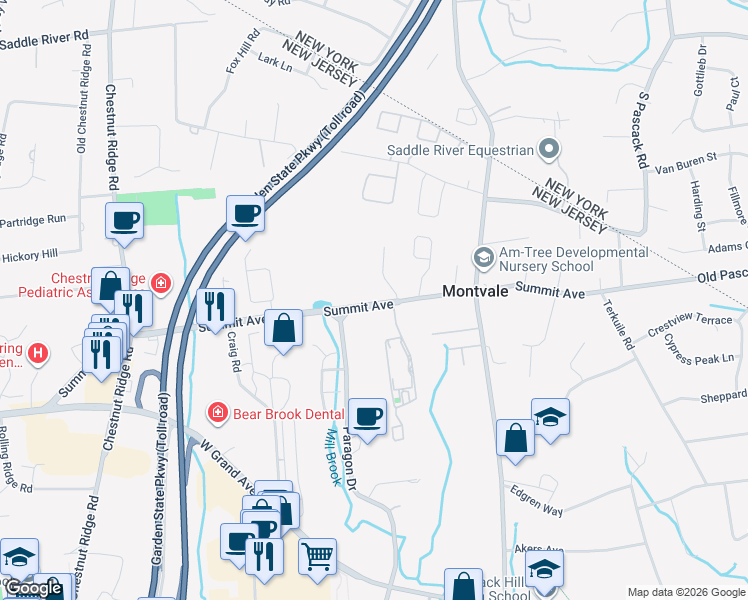 map of restaurants, bars, coffee shops, grocery stores, and more near 109 Summit Avenue in Montvale