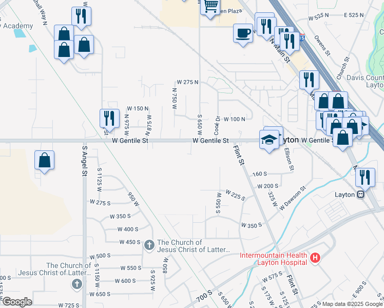 map of restaurants, bars, coffee shops, grocery stores, and more near 683 West Gentile Street in Layton