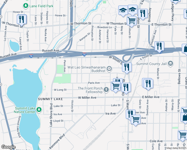 map of restaurants, bars, coffee shops, grocery stores, and more near 150 W Crosier St in Akron