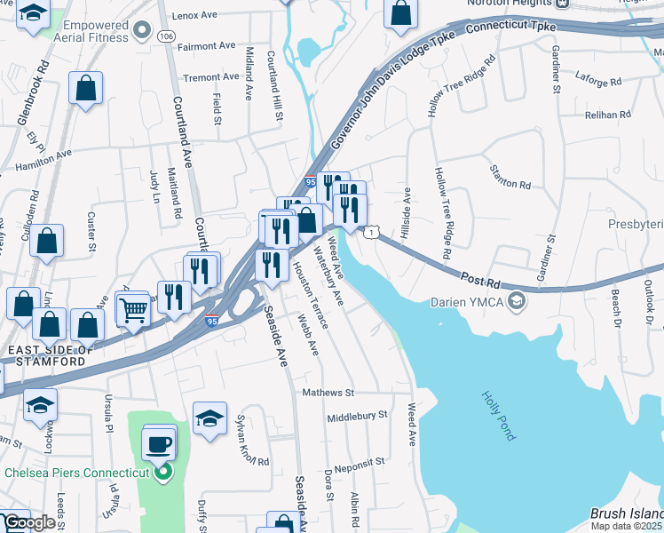 map of restaurants, bars, coffee shops, grocery stores, and more near 45 Weed Avenue in Stamford