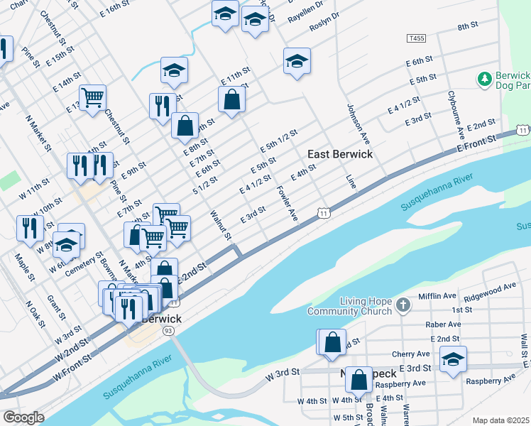 map of restaurants, bars, coffee shops, grocery stores, and more near 209 Fowler Avenue in Berwick