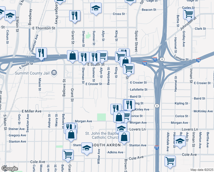 map of restaurants, bars, coffee shops, grocery stores, and more near 840 Beardsley Street in Akron