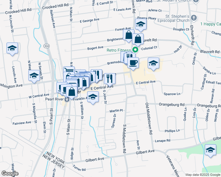 map of restaurants, bars, coffee shops, grocery stores, and more near 130 East Central Avenue in Pearl River