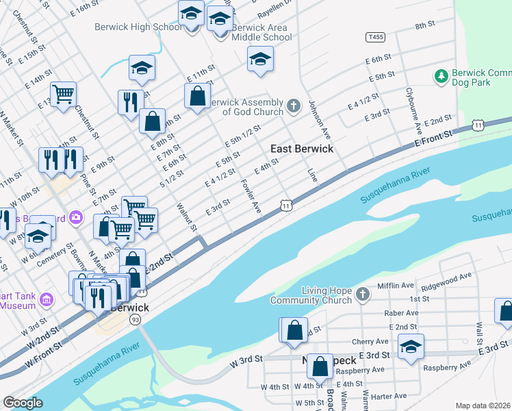 map of restaurants, bars, coffee shops, grocery stores, and more near 209 Fowler St in Berwick