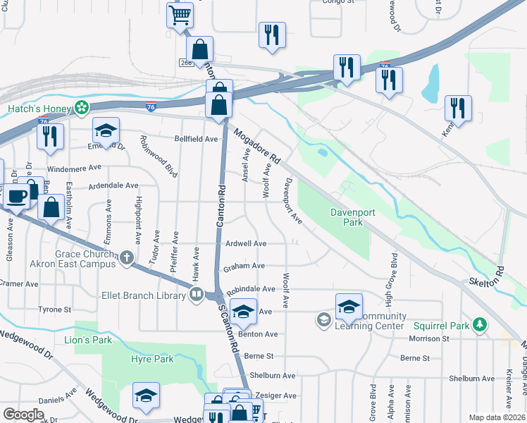 map of restaurants, bars, coffee shops, grocery stores, and more near 94 Woolf Avenue in Akron