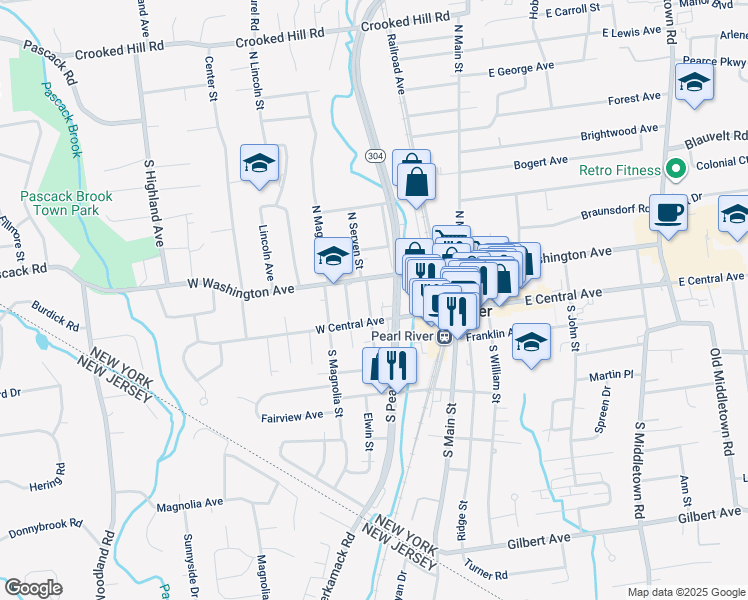 map of restaurants, bars, coffee shops, grocery stores, and more near 20 North Serven Street in Pearl River