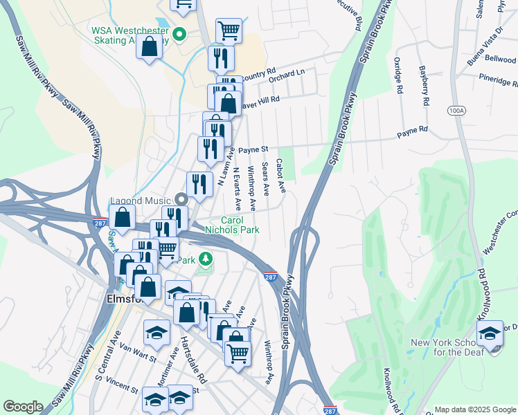map of restaurants, bars, coffee shops, grocery stores, and more near 35 White Plains Avenue in Elmsford