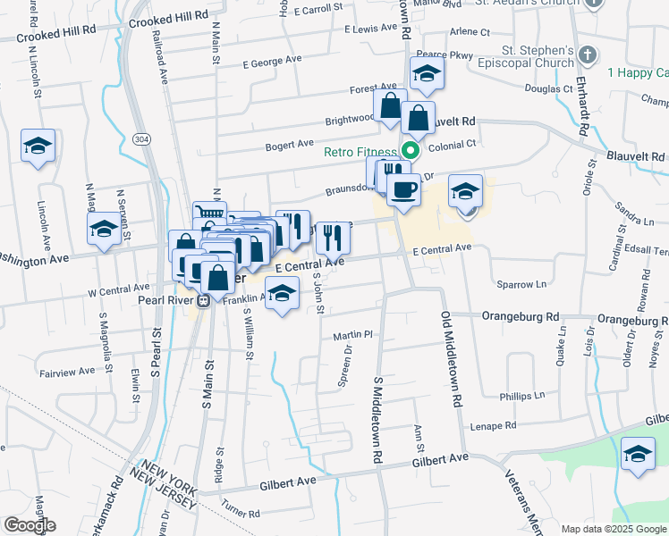 map of restaurants, bars, coffee shops, grocery stores, and more near 130 East Central Avenue in Pearl River