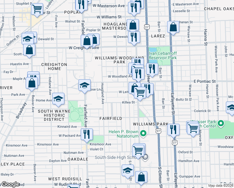 map of restaurants, bars, coffee shops, grocery stores, and more near 237 West Leith Street in Fort Wayne