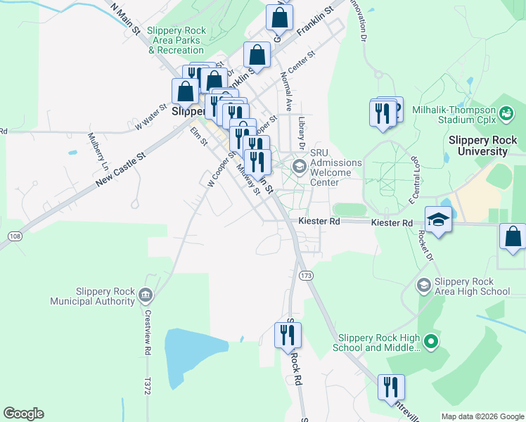 map of restaurants, bars, coffee shops, grocery stores, and more near 435 Elm Street in Slippery Rock