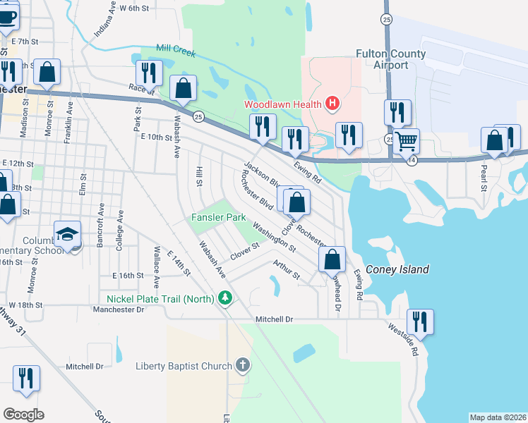 map of restaurants, bars, coffee shops, grocery stores, and more near 1215 Rochester Boulevard in Rochester