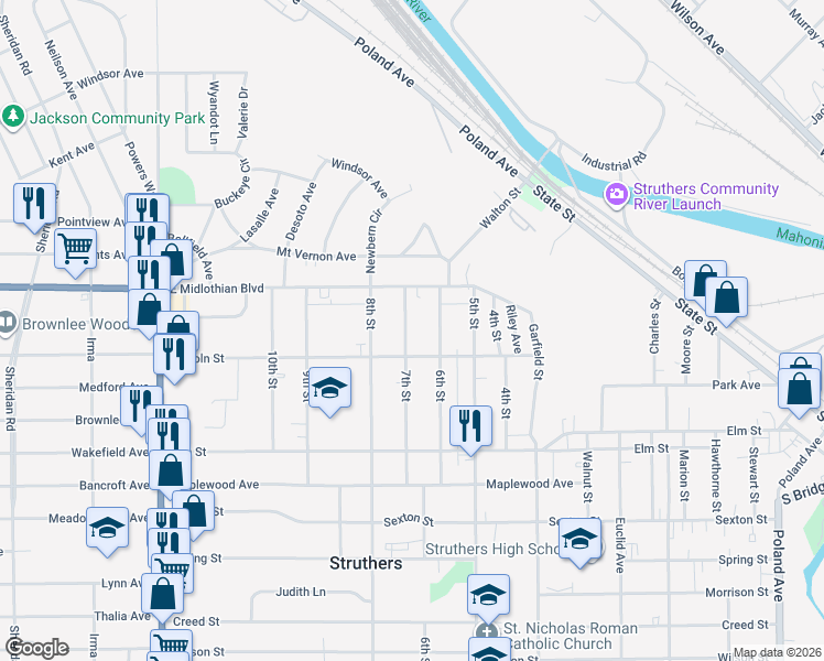 map of restaurants, bars, coffee shops, grocery stores, and more near 433 6th Street in Struthers