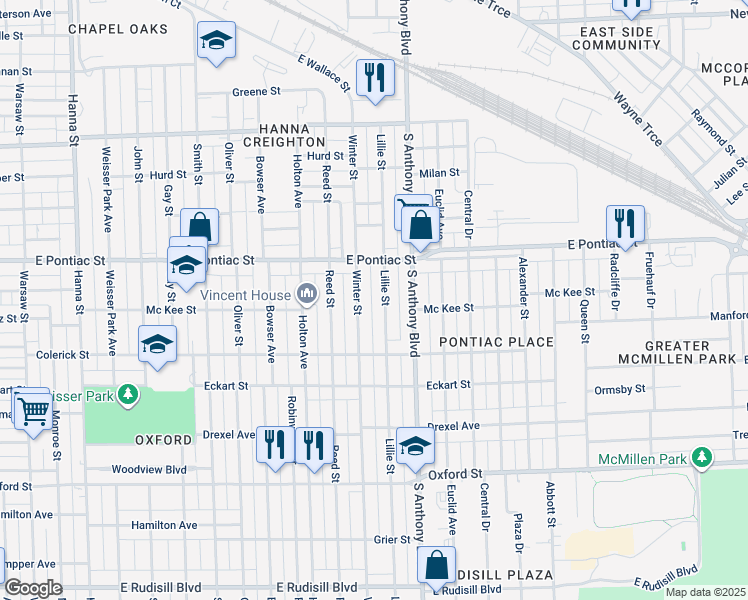 map of restaurants, bars, coffee shops, grocery stores, and more near 2818 Lillie Street in Fort Wayne