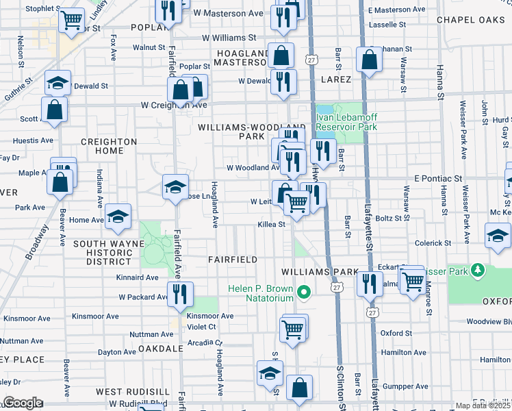 map of restaurants, bars, coffee shops, grocery stores, and more near 221 West Leith Street in Fort Wayne