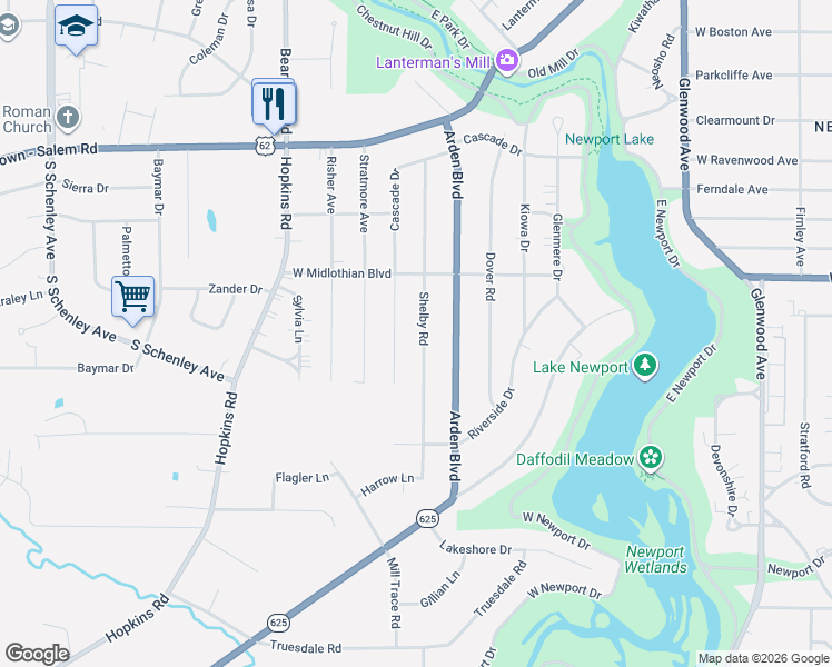 map of restaurants, bars, coffee shops, grocery stores, and more near 4009 Shelby Road in Youngstown