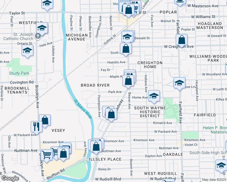 map of restaurants, bars, coffee shops, grocery stores, and more near 1308 Park Avenue in Fort Wayne