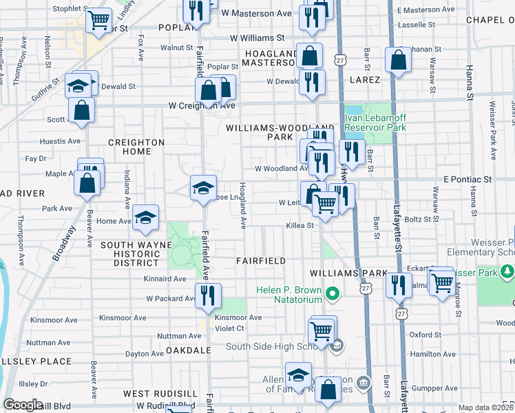 map of restaurants, bars, coffee shops, grocery stores, and more near 329 West Leith Street in Fort Wayne