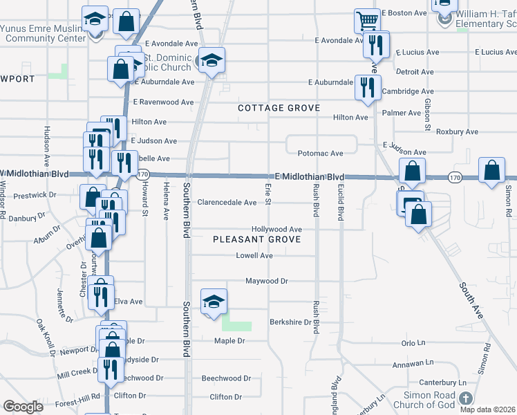 map of restaurants, bars, coffee shops, grocery stores, and more near 189 Clarencedale Avenue in Youngstown