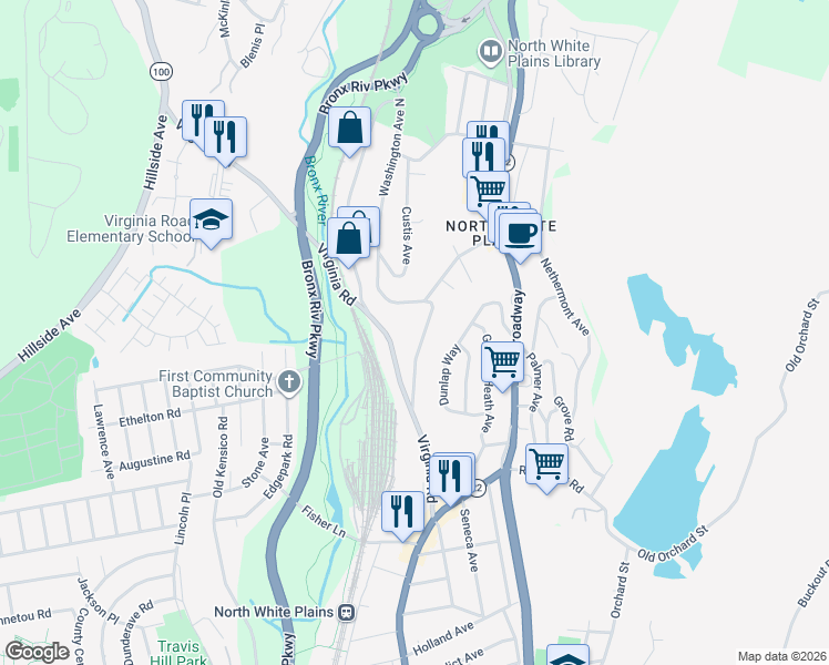 map of restaurants, bars, coffee shops, grocery stores, and more near 35 Washington Avenue North in White Plains