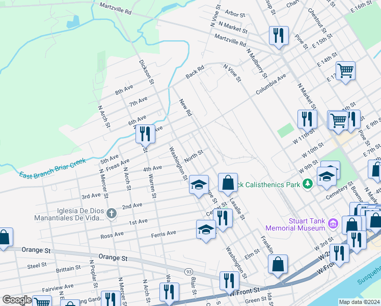 map of restaurants, bars, coffee shops, grocery stores, and more near 1011 Monroe Street in Berwick