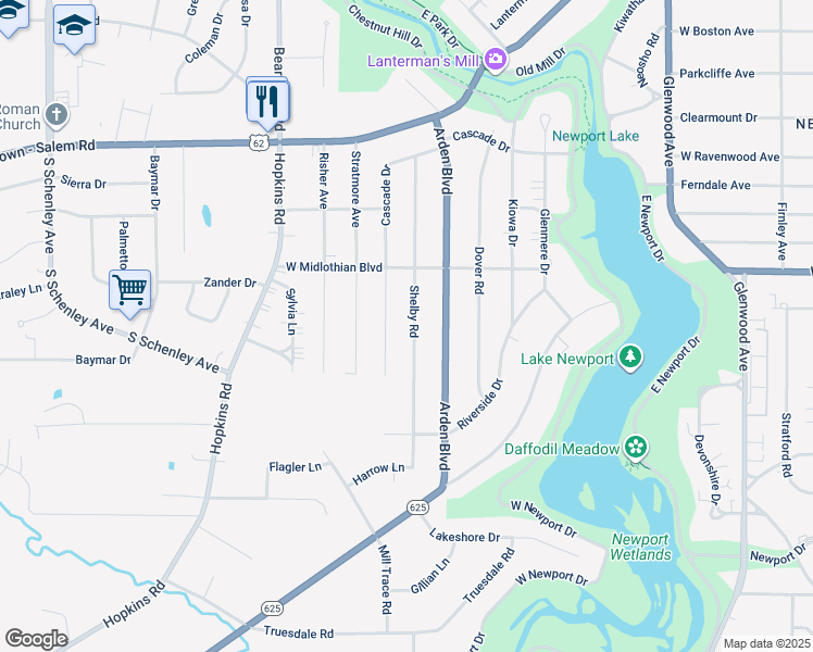 map of restaurants, bars, coffee shops, grocery stores, and more near 4009 Shelby Road in Youngstown