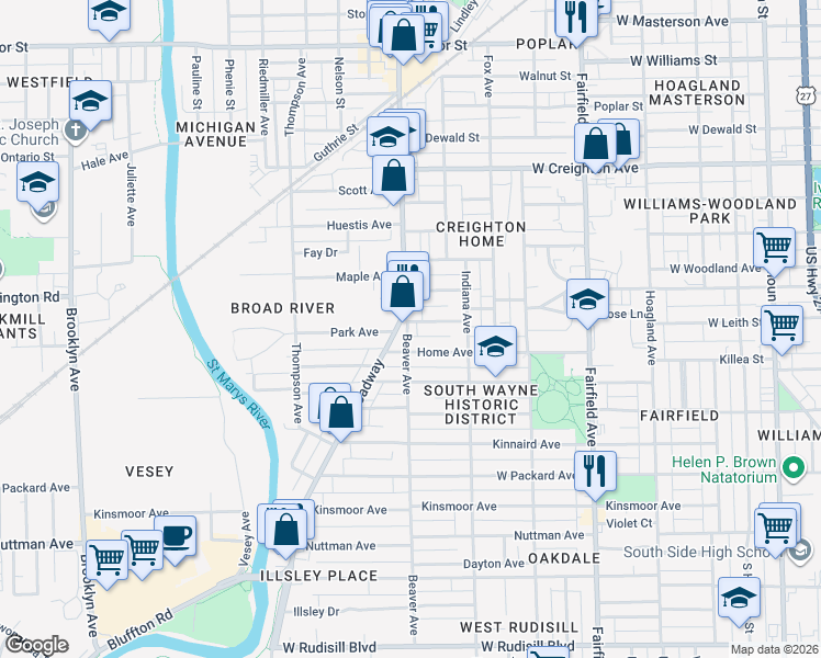 map of restaurants, bars, coffee shops, grocery stores, and more near 1025 Savilla Avenue in Fort Wayne