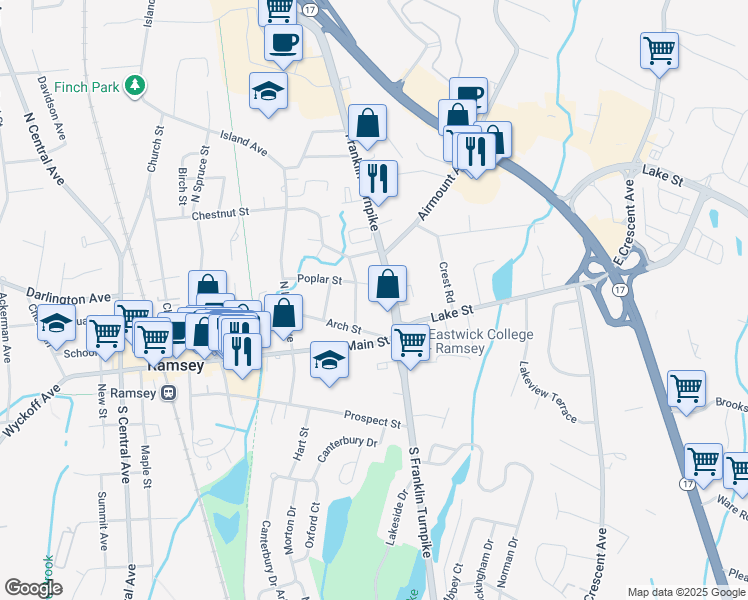 map of restaurants, bars, coffee shops, grocery stores, and more near 41 North Franklin Turnpike in Ramsey