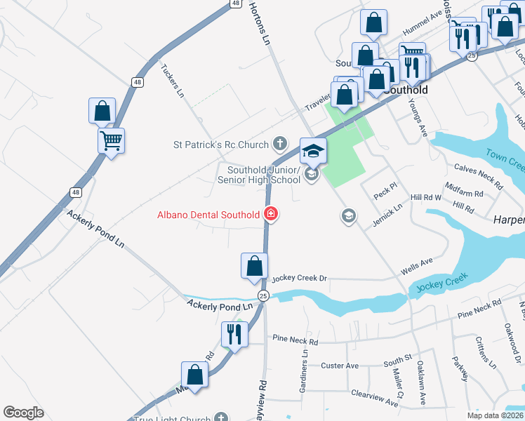 map of restaurants, bars, coffee shops, grocery stores, and more near 51155 New York 25 in Southold