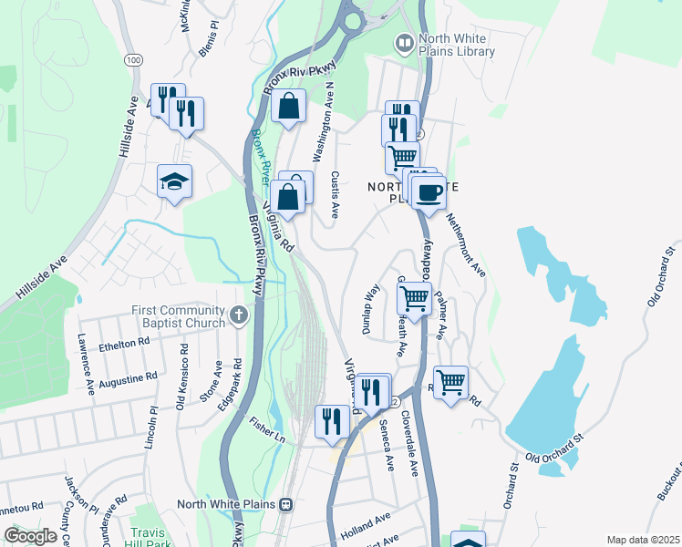 map of restaurants, bars, coffee shops, grocery stores, and more near 35 Washington Avenue North in White Plains
