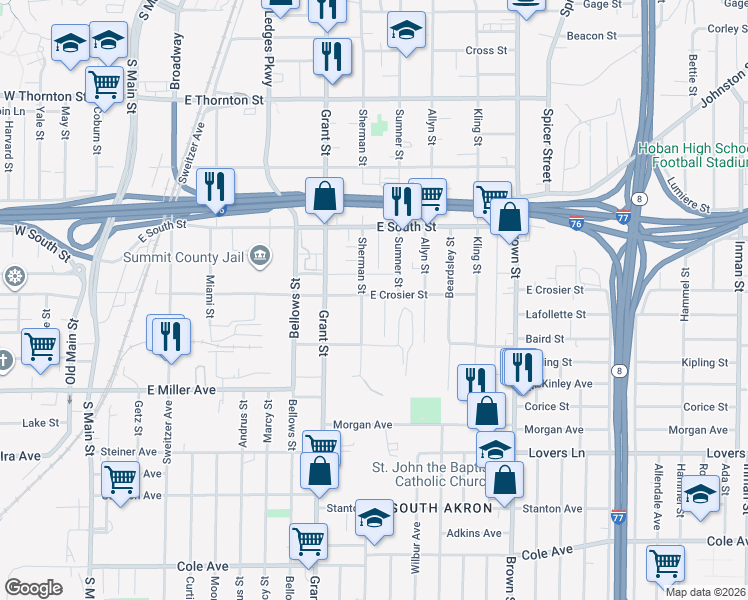 map of restaurants, bars, coffee shops, grocery stores, and more near 346 East Crosier Street in Akron