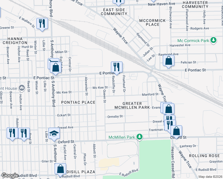map of restaurants, bars, coffee shops, grocery stores, and more near 2902 Radcliffe Drive in Fort Wayne