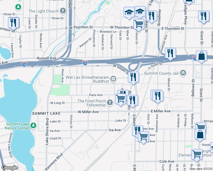 map of restaurants, bars, coffee shops, grocery stores, and more near 104 West Crosier Street in Akron