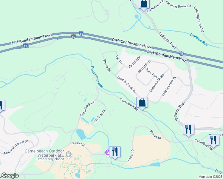 map of restaurants, bars, coffee shops, grocery stores, and more near 197 Camelback Road in Tannersville