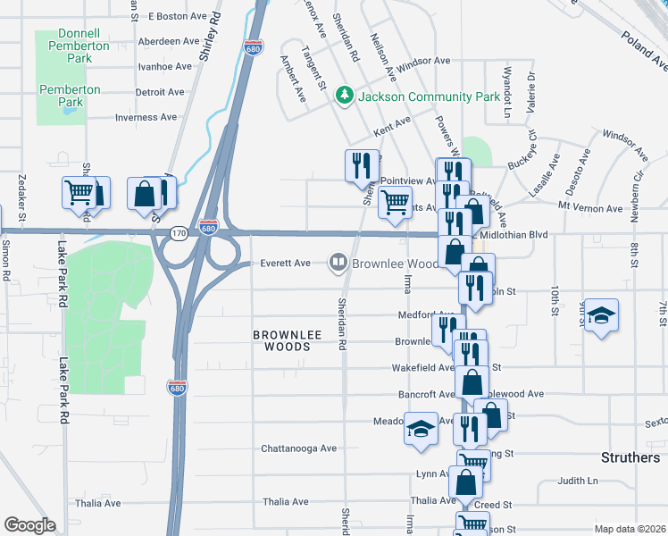 map of restaurants, bars, coffee shops, grocery stores, and more near 1685 Everett Avenue in Youngstown