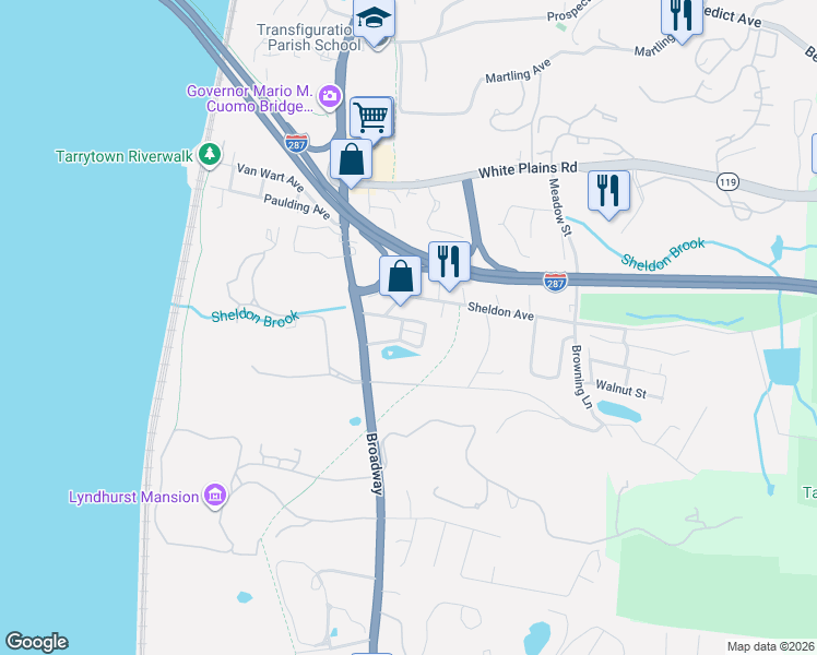 map of restaurants, bars, coffee shops, grocery stores, and more near 4 Glenwolde Park in Tarrytown