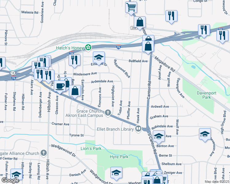 map of restaurants, bars, coffee shops, grocery stores, and more near 163 Highpoint Avenue in Akron