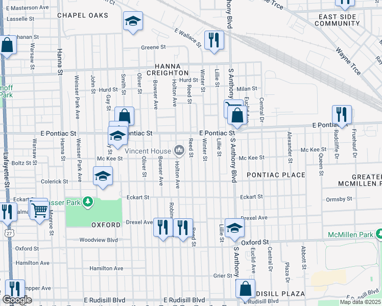 map of restaurants, bars, coffee shops, grocery stores, and more near 2820 Reed Street in Fort Wayne