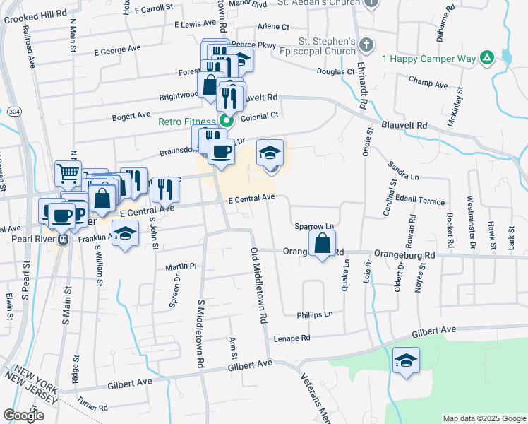map of restaurants, bars, coffee shops, grocery stores, and more near 15 Mountain View Avenue in Pearl River
