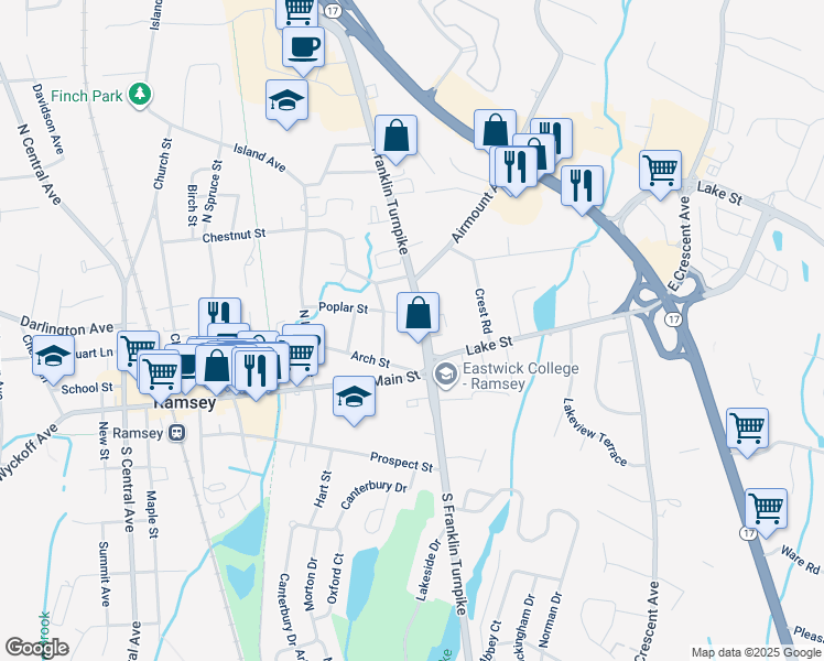 map of restaurants, bars, coffee shops, grocery stores, and more near 41 North Franklin Turnpike in Ramsey