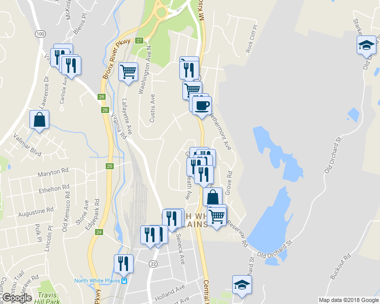map of restaurants, bars, coffee shops, grocery stores, and more near 70 General Heath Avenue in White Plains