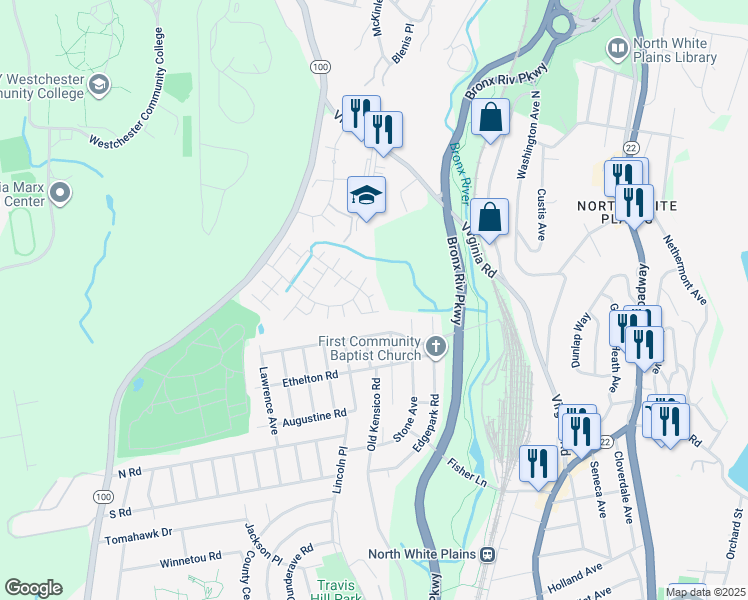 map of restaurants, bars, coffee shops, grocery stores, and more near 81 Festival Court in White Plains