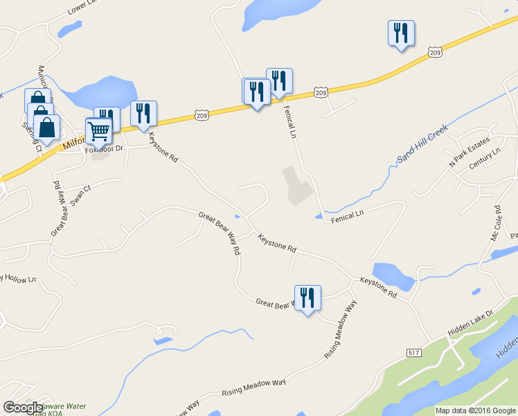 map of restaurants, bars, coffee shops, grocery stores, and more near Courtney Drive in East Stroudsburg