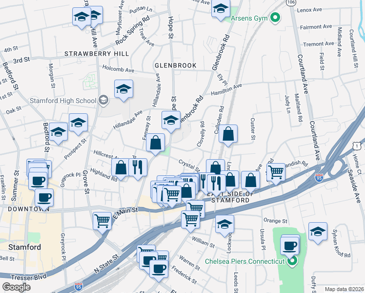 map of restaurants, bars, coffee shops, grocery stores, and more near 22 Clovelly Road in Stamford